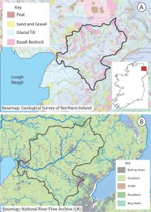 Figure 2 - Geological map of Sixmilewater Catchment. (B) Land use in the Sixmilewater Catchment, Co. Antrim.