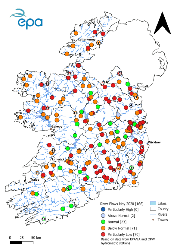 A map of Ireland showing water levels and flows in rivers, lakes and groundwater for May 2020.