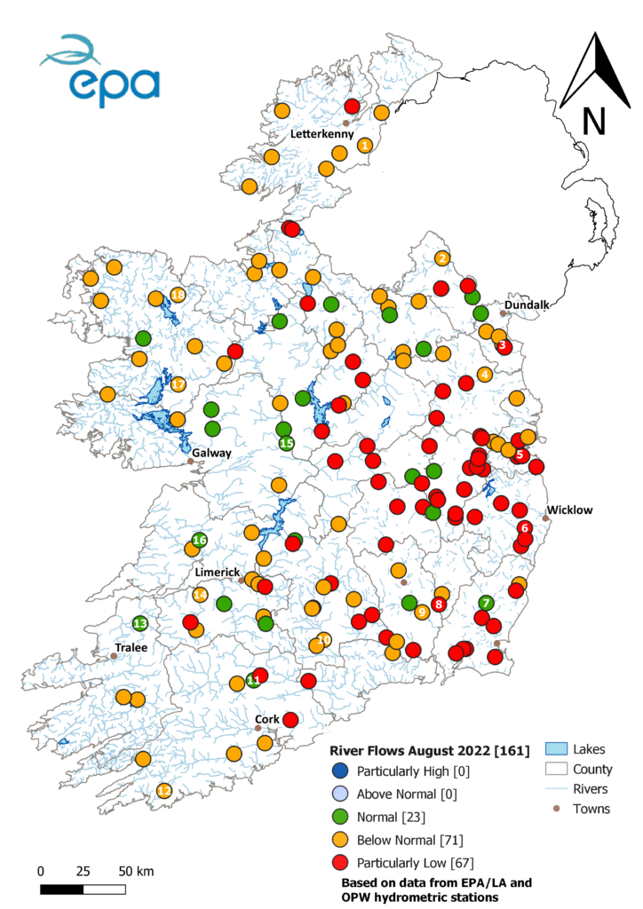 A map of Ireland showing river flows for August 2022.
