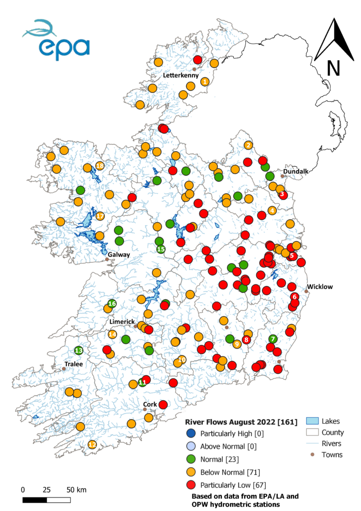 A map of Ireland showing river flows for August 2022. 