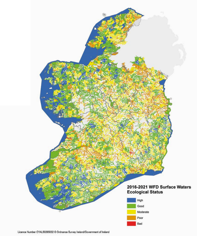 A map of the Republic of Ireland showing WFD status 2016-2021. 