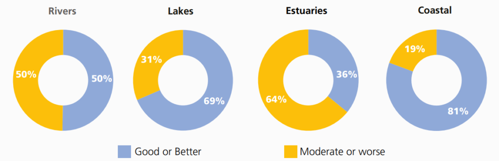 Pie charts showing the percentage of different water body types at 'Good or better' and 'Moderate or worse' 

Rivers 50% / %0%
Lakes 69% Good or better, 31% Moderate or worse
Estuaries 36% Good or better, 64% Moderate or worse
Coastal 81% Good or better, 19% Moderate or worse 