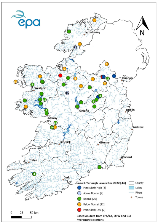 A map of Ireland showing lake and turlough levels in December 2022 - most are showing green for normal levels for this time of year. 
