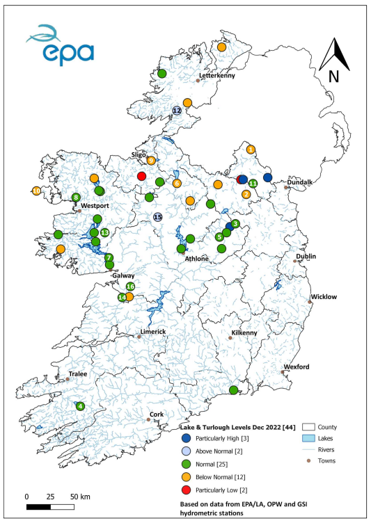 A map of Ireland showing lake and turlough levels in December 2022 - most are showing green for normal levels for this time of year.