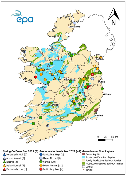 A maps of Ireland showing spring outflows and groundwater levels for December 2022. Most are normal or below normal.