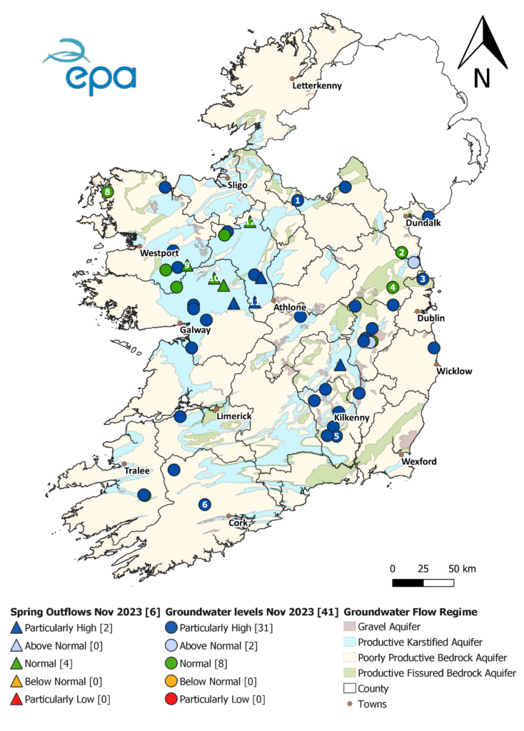 A map of Ireland showing spring outflows, groundwater levels and groundwater flow for November 2023. 