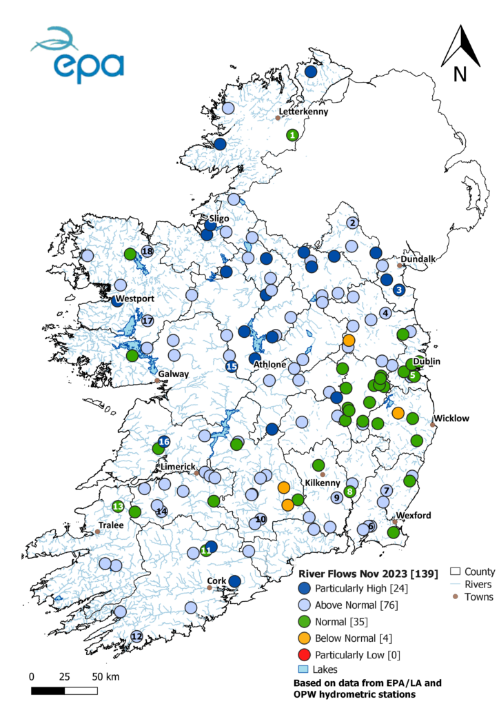 A map of Ireland showing river flows for November 2023.
