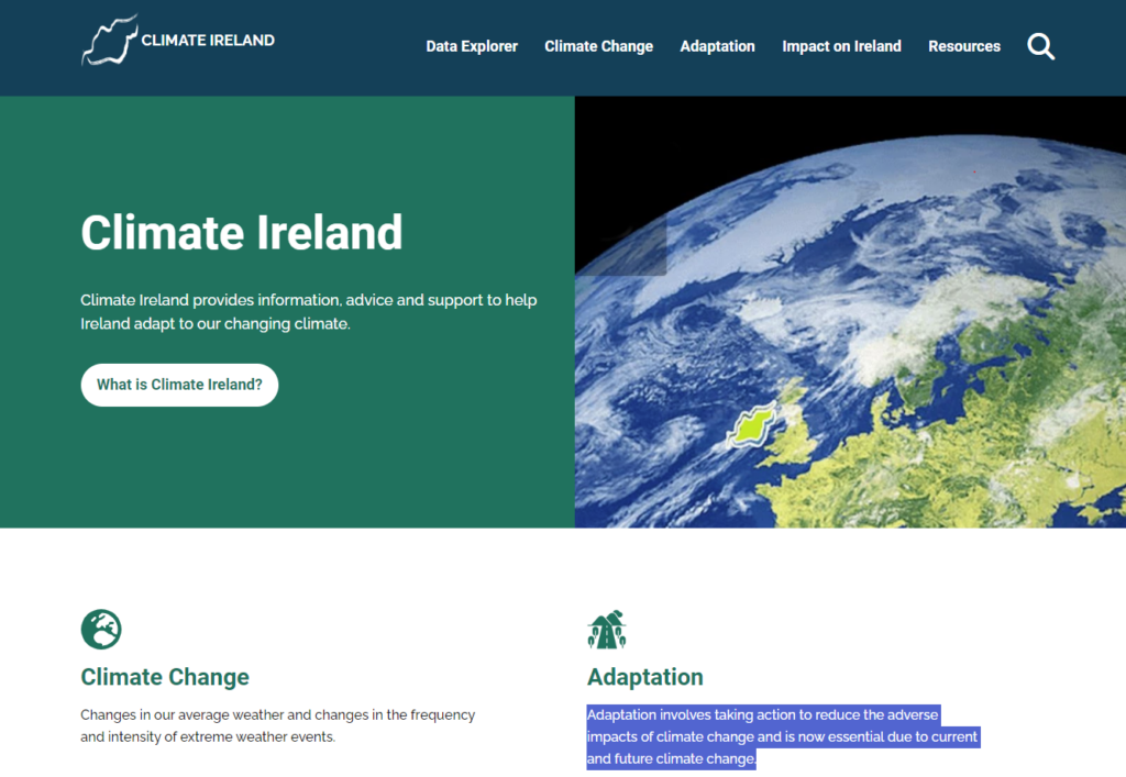 A screenshot of the  Climate Ireland website