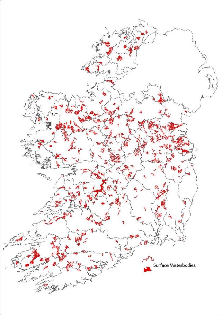 Map of Ireland showing impact of Hydromorphology on waterbodies
