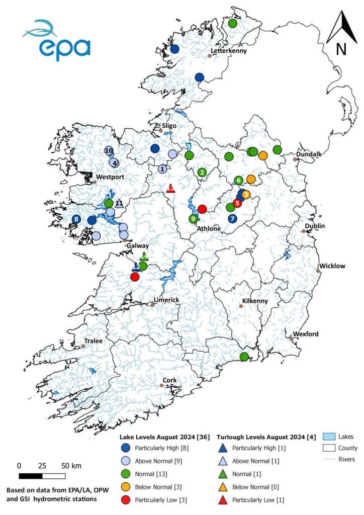 Monthly average lake & turlough levels for August 2024 relative to historic monthly average levels expressed as percentile of the long- term values for this month. Numbered sites are represented in the hydrographs below. All data are provisional and may be subject to revision  (Source: EPA, OPW and GSI).