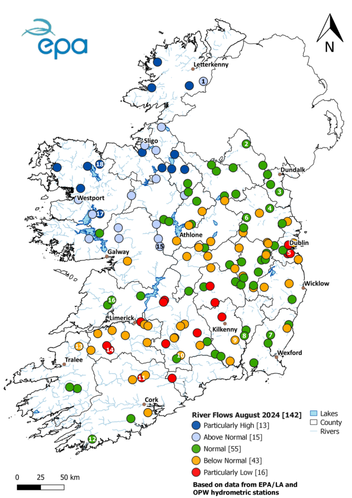 Monthly average river flows for August 2024 relative to historic monthly average flows expressed as percentile of the
long-term values of monthly flow. Numbered sites are represented in the hydrographs below. All data are provisional and may be
subject to revision (Source: EPA, OPW).