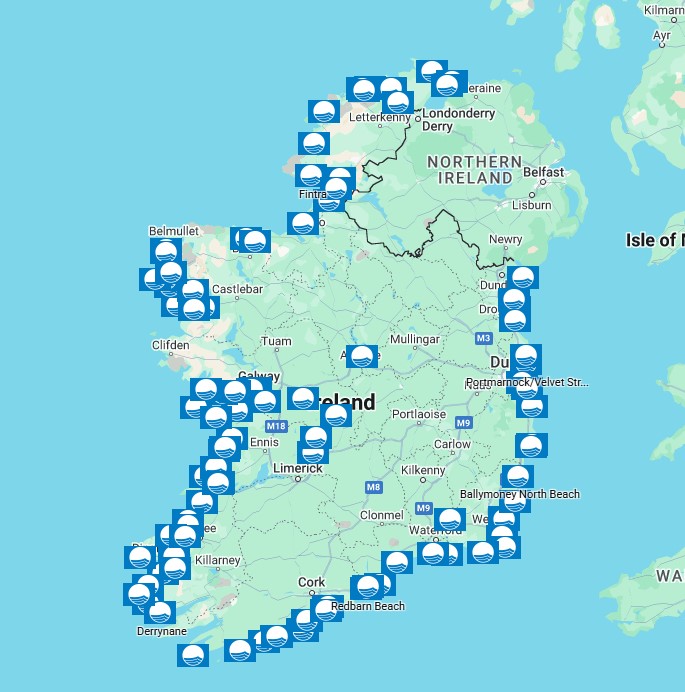 Map or Ireland with blue Flag Awarded sites marked