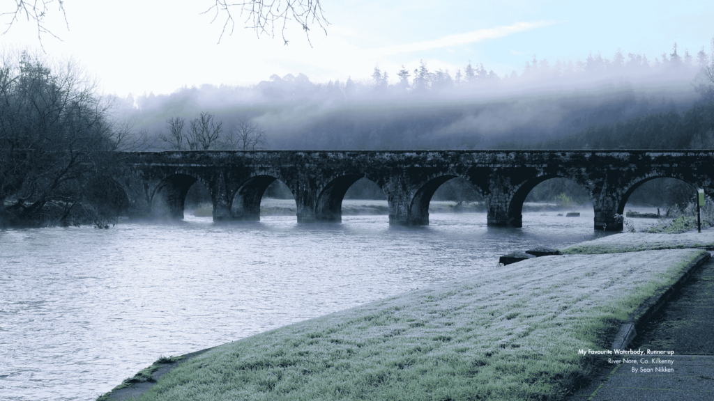 A misty landscape featuring a stone bridge with multiple arches crossing the River Nore in County Kilkenny, Ireland. Frost covers the grass and pathway along the riverbank, with trees and hills visible in the background. Text in the image reads: 'My Favourite Waterbody, Runner-up River Nore, Co. Kilkenny By Sean Nikken.