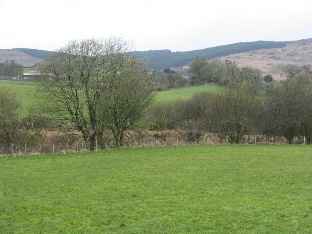 Rolling green hills with scattered trees and distant mountains under a cloudy sky.