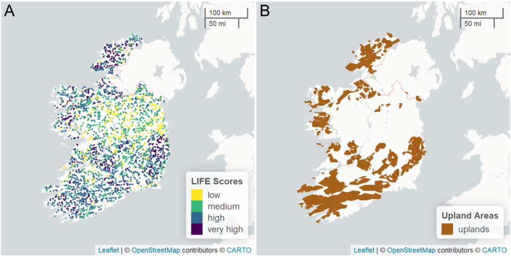 Distribution of median LIFE scores (Panel A) for all EPA river monitoring sites for which macroinvertebrate data were available between 2007 and 2018, compared to the distribution of upland areas (Panel B).