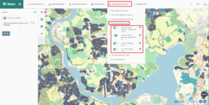 Screenshot of EPA Water Map interface showing the ‘Pressures & Activities’ menu with Pollution Impact Potential map layers selected, including options for phosphorus, nitrate, and flow delivery paths. The map displays a catchment area with color-coded land parcels and water bodies.