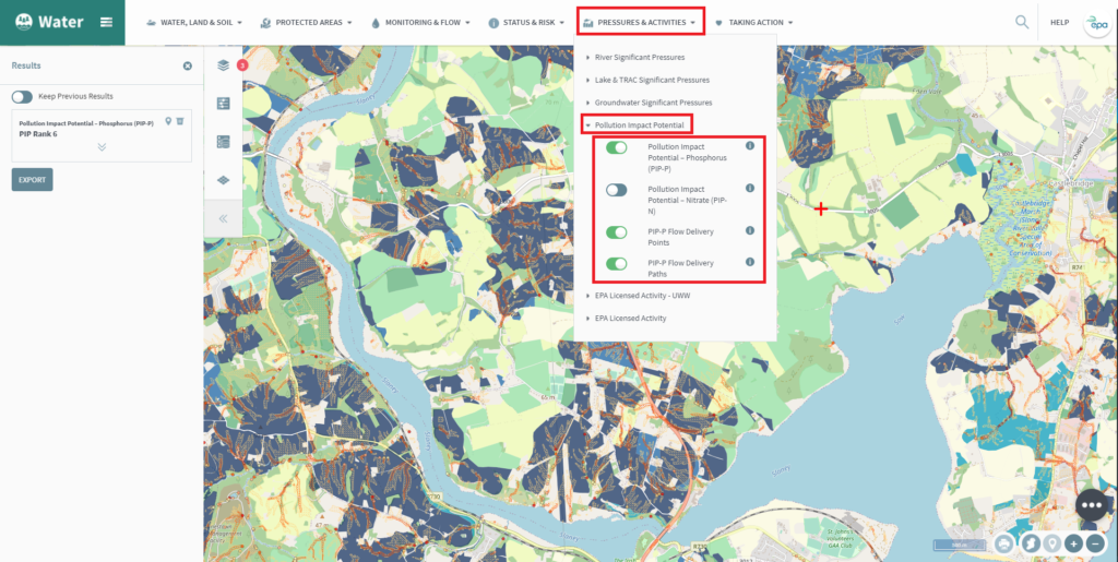 Screenshot of EPA Water Map interface showing the ‘Pressures & Activities’ menu with Pollution Impact Potential map layers selected, including options for phosphorus, nitrate, and flow delivery paths. The map displays a catchment area with color-coded land parcels and water bodies.