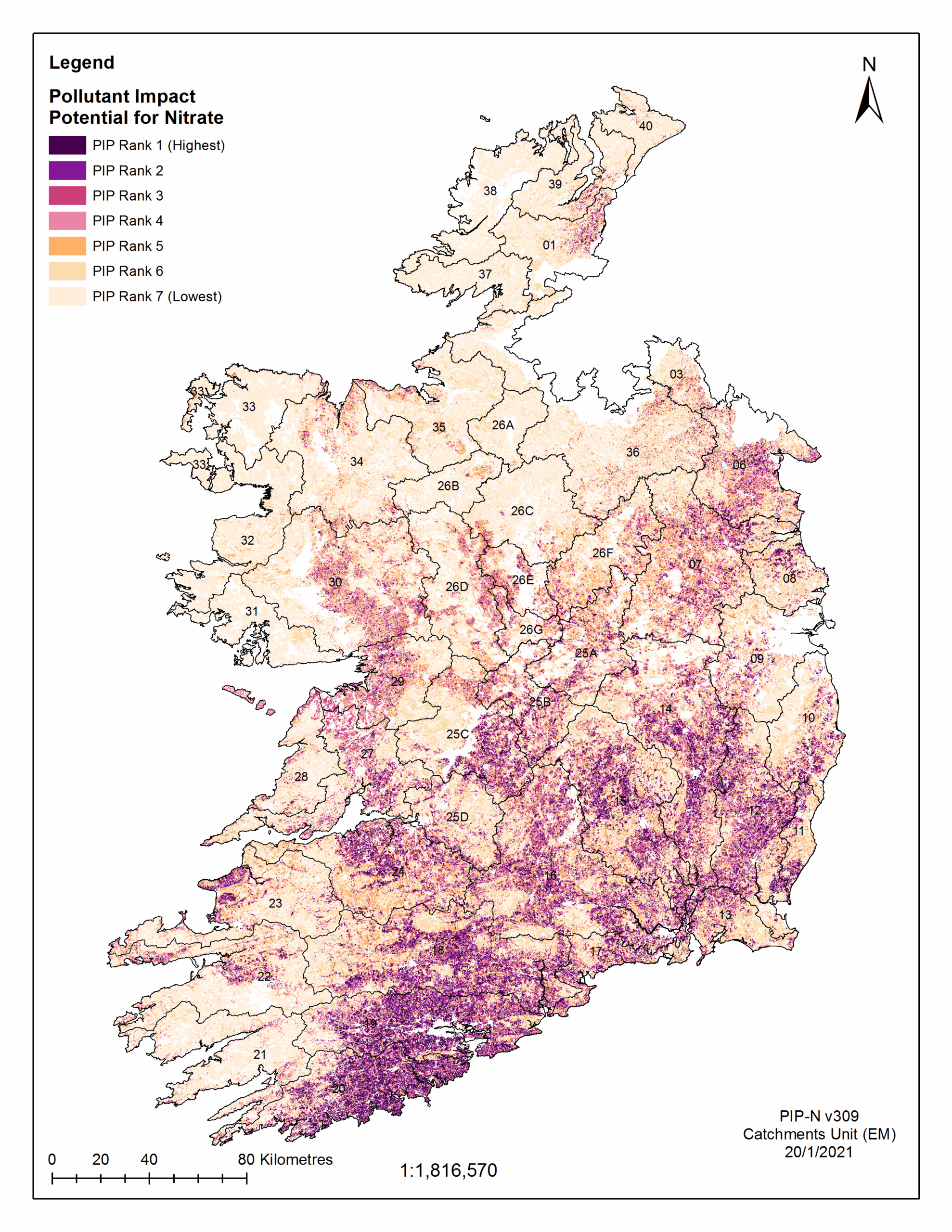 A map of Ireland illustrating Pollution Impact Potential (PIP) for nitrate, ranked from 1 (highest) to 7 (lowest). Dark purple areas represent highest potential, transitioning to light yellow for lowest. High nitrate impact zones are prominent in the south and southeast, with moderate levels in central regions and lower levels in the northwest. Includes a scale bar (0–80 km) and north arrow.