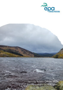A wide river flowing through a mountainous valley under a cloudy sky. The surrounding hillsides are covered with patches of green and brown vegetation. The image includes the EPA logo at the top and text at the bottom reading “Hydrology Bulletin – October 2025: A monthly hydrological summary for Ireland.”