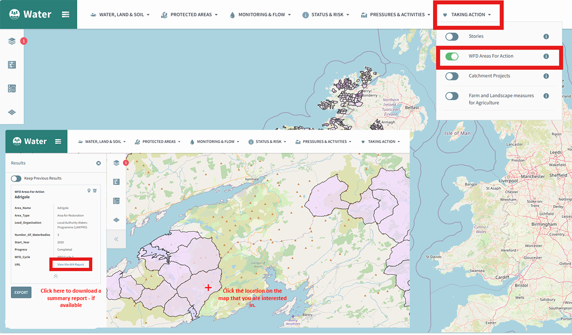 EPA Water Map zoomed into southwest Ireland with highlighted sub-catchments in shades of purple and green. The “Taking Action” menu is open with “WFD Areas for Action” selected. A sidebar on the left shows details for the Adrigole Area for Action, including name, status, and links. A red box highlights the “View Web Report” link, and text indicates “Click here to download a summary report, if available.” A red cross marks the location clicked on the map.