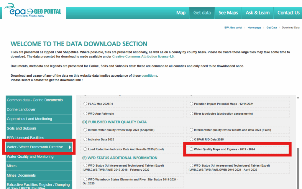 A screenshot of the EPA geoportal showing where to access the Water Quality in Ireland maps and figures