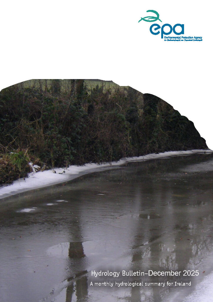 Front cover of the December Monthly Hydrology Bulletin. A small river is shown with ice on the bank and a small layer of ice covering the river.