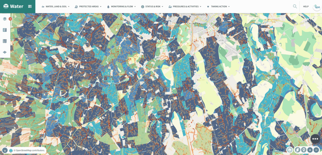 Map showing predicted overland and subsurface flowpaths across a fragmented rural landscape in the Midlands, overlaid on fields, roads, and water features, indicating likely routes of water movement towards streams and rivers.