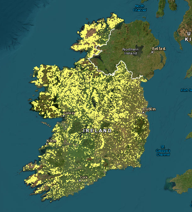 Map of Ireland showing the distribution of wetlands marked in yellow across the country.