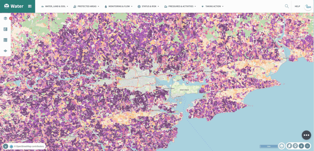 Nitrogen PIP map for the Cork area showing relative nitrogen loss risk across catchments and coastal waters, including rivers, estuaries, and surrounding agricultural land at water body scale.