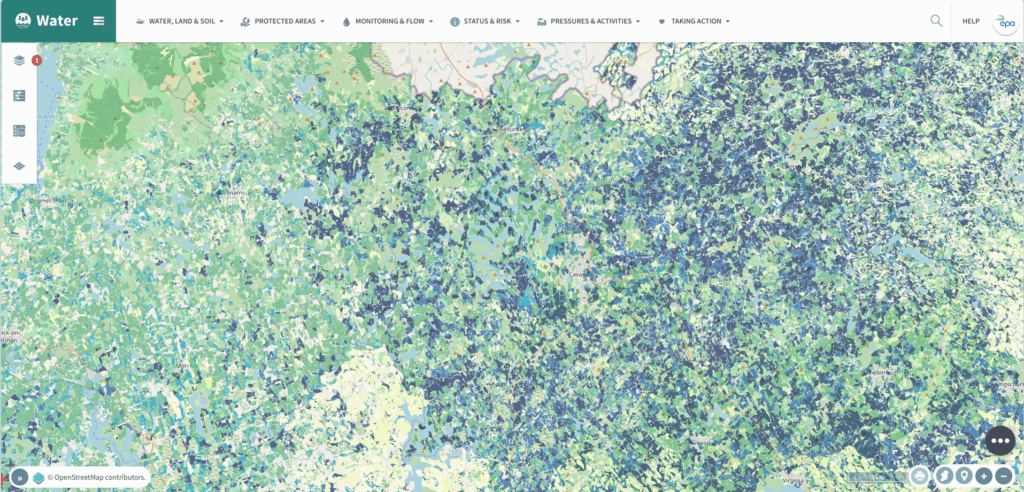 Phosphorus PIP map for County Cavan displaying relative phosphorus loss risk across the landscape at water body scale, with agricultural land parcels and drainage patterns visible.