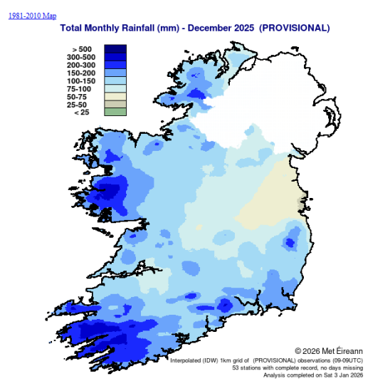 A total monhly rainfall map of Ireland for the month of december showing highest rain levels in the West and South West areas.