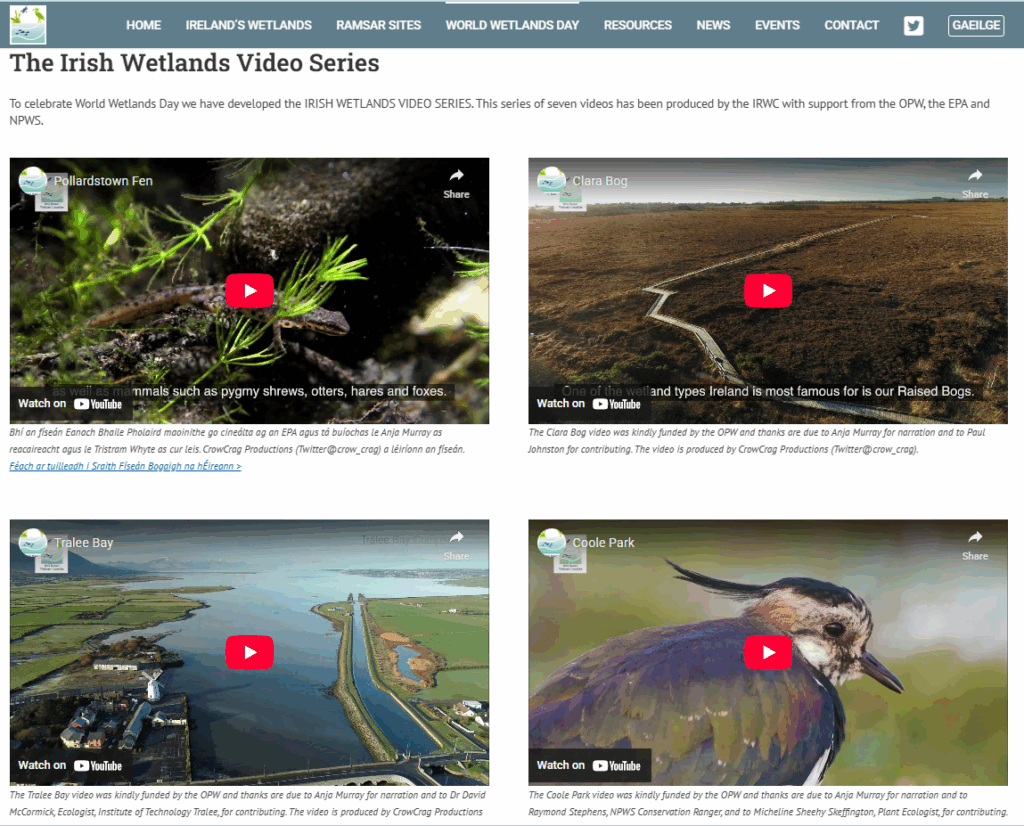 Webpage screenshot of the Irish Wetlands Video Series featuring embedded videos on wetlands such as Pollardstown Fen, Clara Bog, Tralee Bay, and Coole Park.