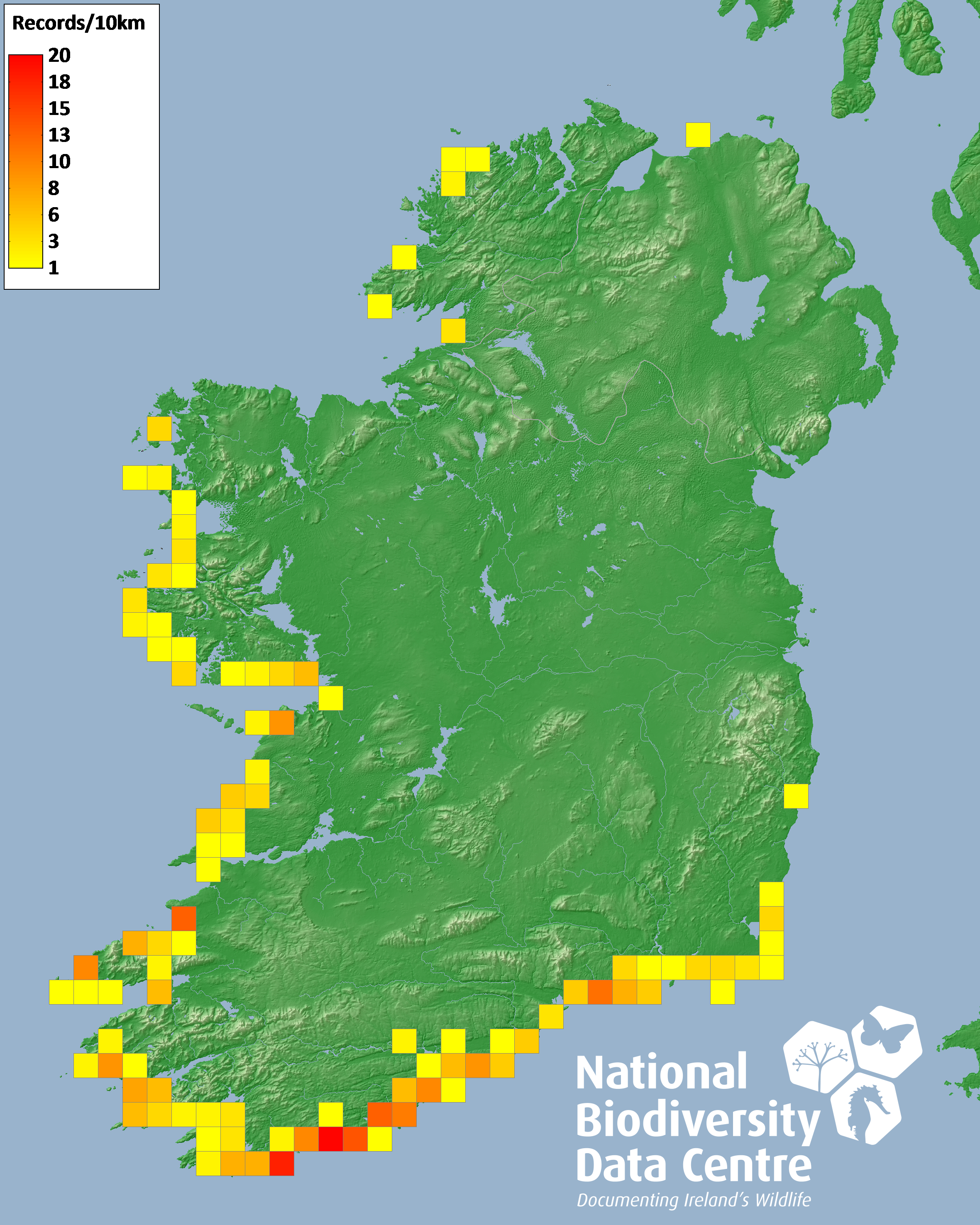 Map of Ireland showing coastal distribution records for Portuguese Man O’ War, using coloured grid squares to indicate record density.