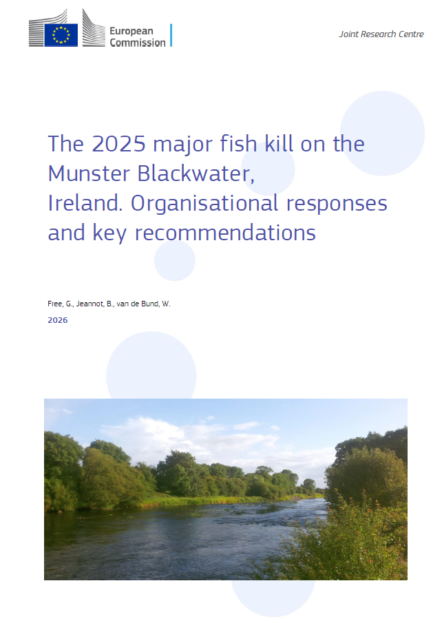 Cover page of a European Commission Joint Research Centre report titled “The 2025 major fish kill on the Munster Blackwater, Ireland. Organisational responses and key recommendations”. The page includes the European Commission logo at the top, followed by the report title, authors and year. A photograph at the bottom shows a wide river bordered by trees under a blue sky with scattered clouds.
