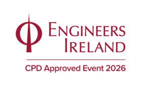 Engineers Ireland logo in dark red, featuring a circular symbol with a vertical line, with the text ‘Engineers Ireland’ above a horizontal line and ‘CPD Approved Event 2026’ below.