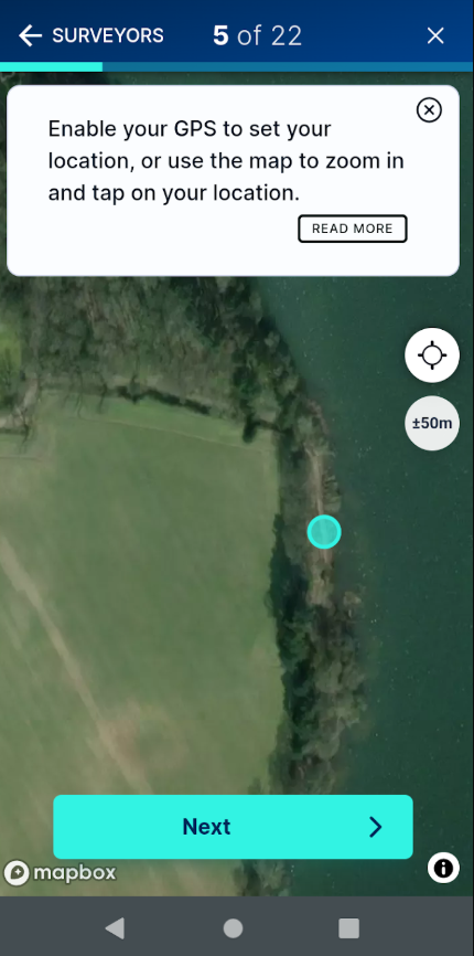 Visual of the River Watch App showing how to enable GPS location