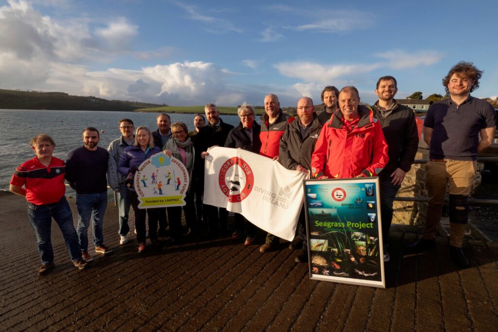 Minister of State for Nature, Heritage and Biodiversity at the Department of Housing, Local Government and Heritage Christopher O’Sullivan alongside members of the Cork Sub Aqua Group, which received funding for the protection and promotion of Oysterhaven and Kinsale Seagrass Beds in the Community Water Development Fund 2026.