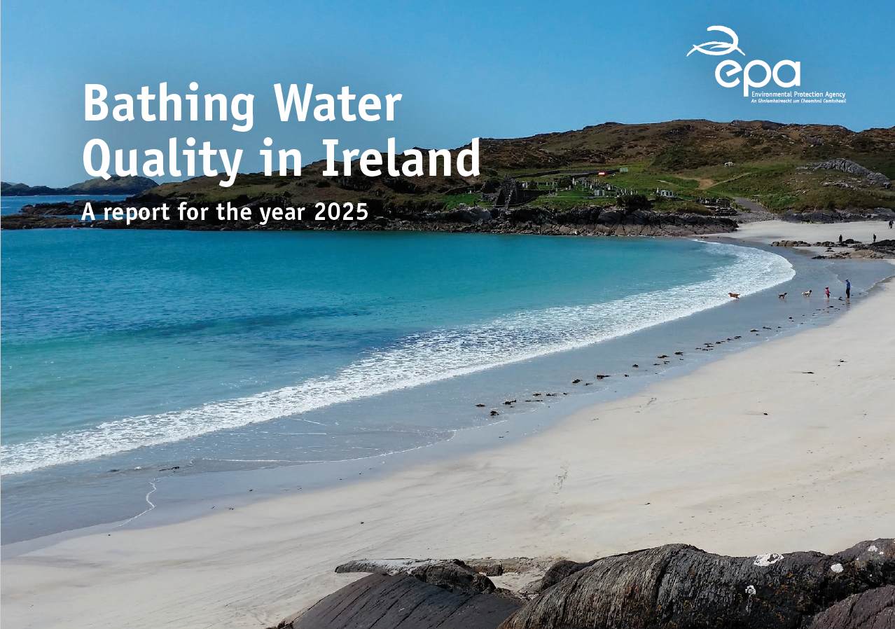 Cover image for the EPA report Bathing Water Quality in Ireland, A report for the year 2025, showing Doire Fhíonáin (Derrynane) beach in County Kerry. The image features a wide sandy beach with clear turquoise water and gentle waves, rocky headlands in the foreground, and grassy hills with scattered buildings in the background under a blue sky. The EPA logo appears in the top right corner.