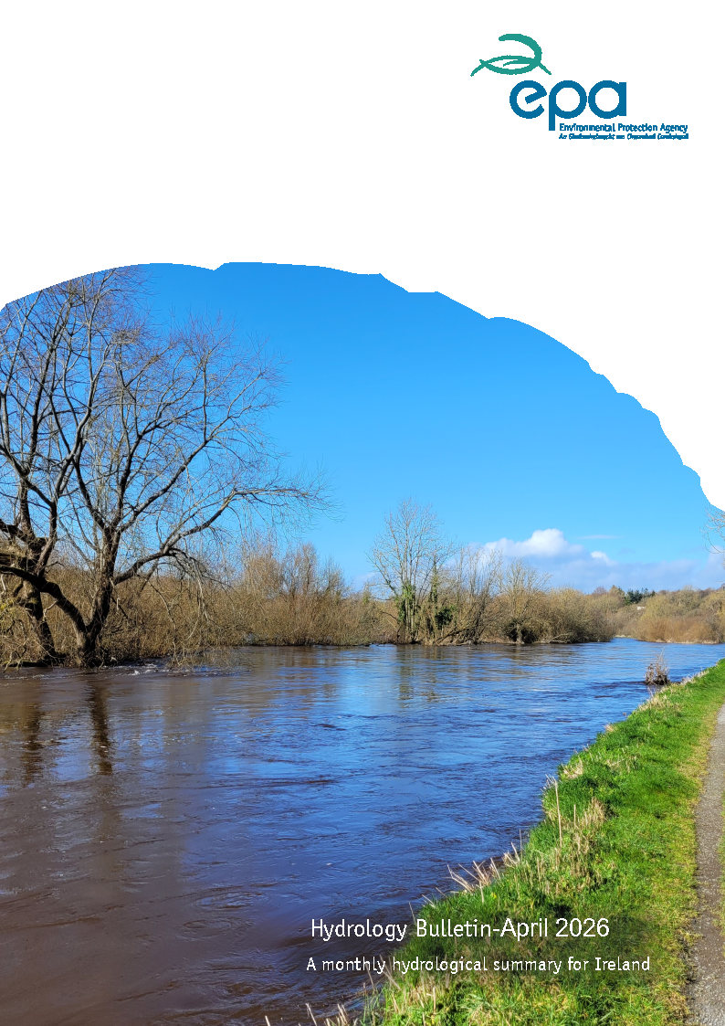 April 2026 hydrology bulletin cover showing a river with high water levels and trees along the riverbank in Ireland