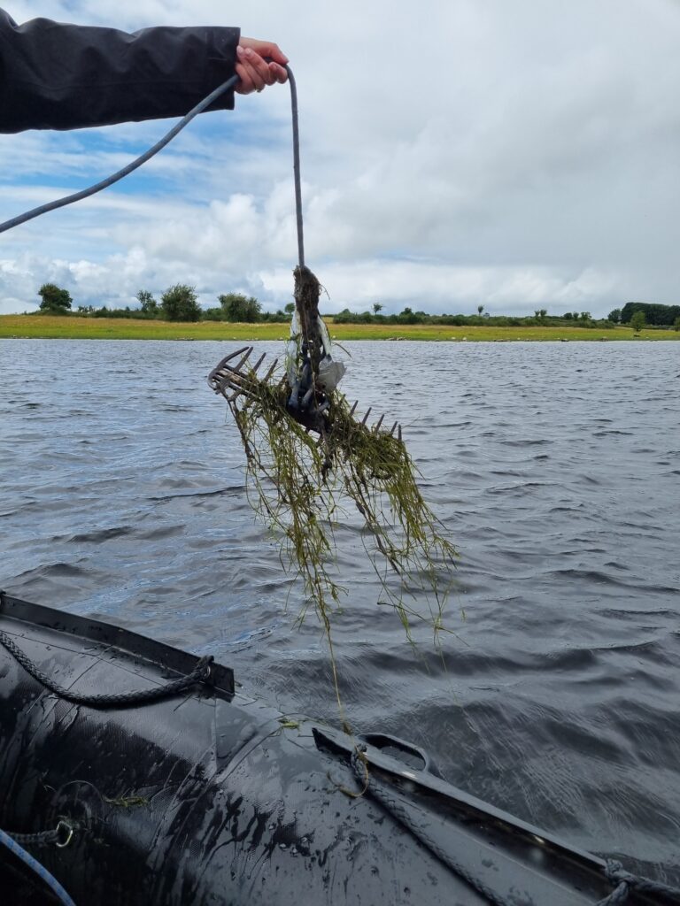 Hand holding a rope while lifting submerged vegetation and debris from a lake, with rippling water in the foreground and grassy shoreline and trees in the distance.
