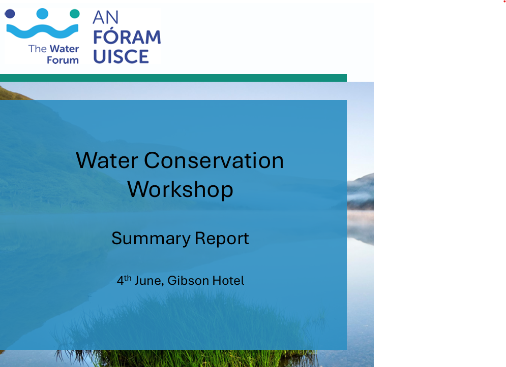 Cover page of The Water Forum (An Fóram Uisce) Water Conservation Workshop Summary Report, featuring the title "Water Conservation Workshop Summary Report", the date "4th June", Gibson Hotel, and a background image of a lake and mountains.